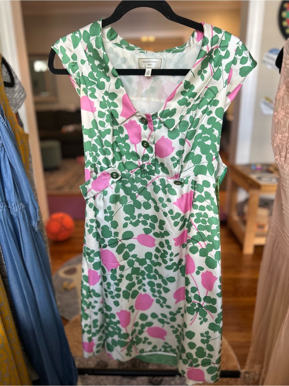 Moulinette Soeurs Green & Pink Floral Cap-Sleeve Dress